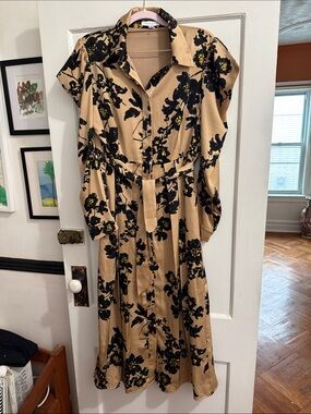 Beige Midi Shirt Dress with Black Floral Print and Tie Waist